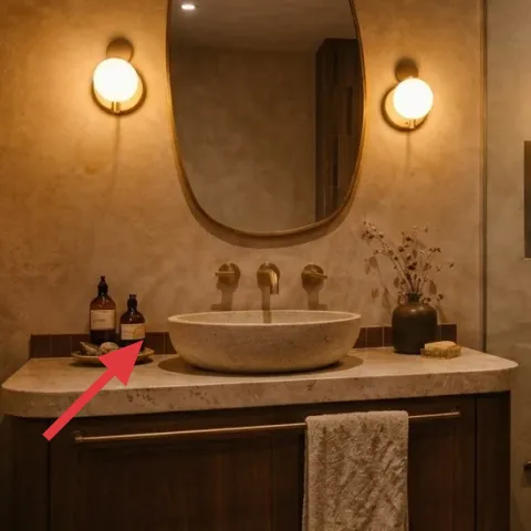 glass bottles on bathroom counter