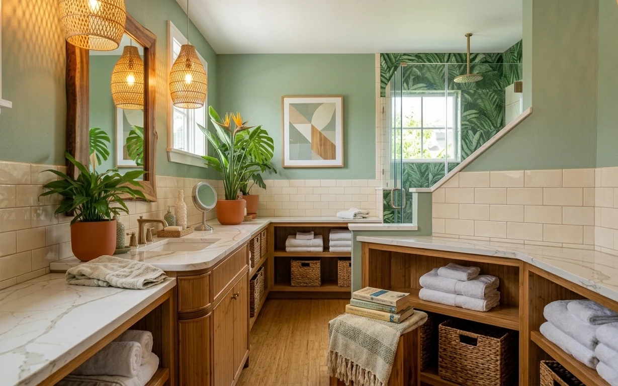 Bathroom vanity nook with sage walls, beige tile, tropical leaf wallpaper, rattan pendant lights, framed mirror and abstract print
