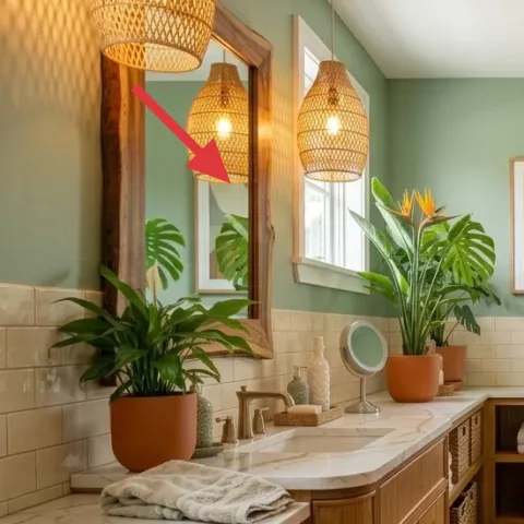 Rectangular framed mirror above the vanity