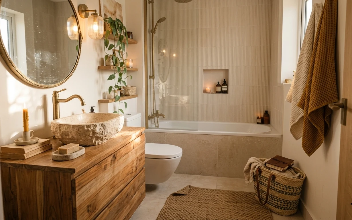 Warm brass and cream bathroom with oval mirror, wood vanity, plant shelf, rug, and tiled tub wall