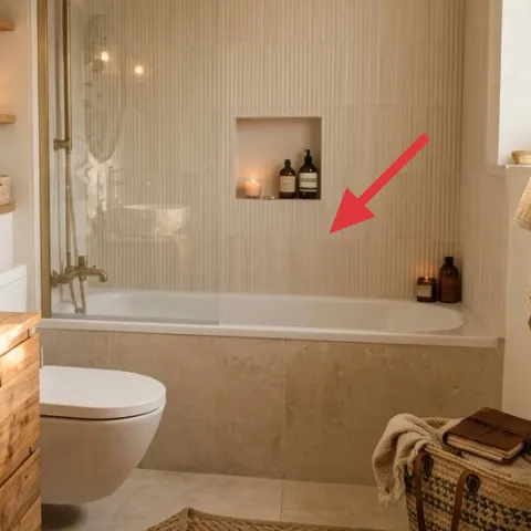White bathtub tile surround area (visible tub wall + niche art)