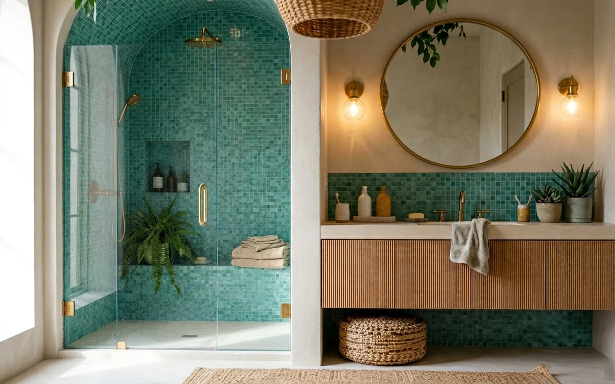 Teal tiled shower with folded towels and a warm brass vanity with round mirror, plants, and a light bath rug
