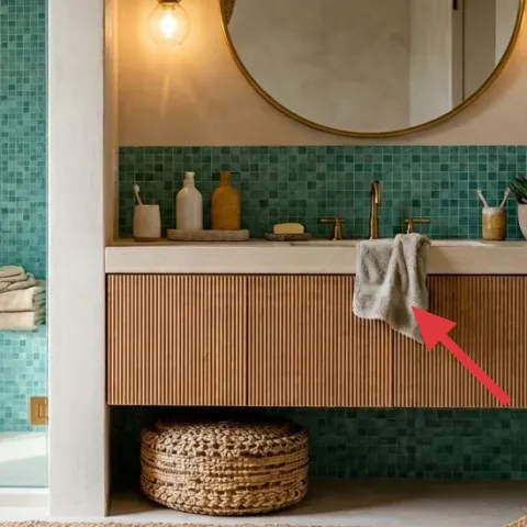 towel draped over the vanity counter edge