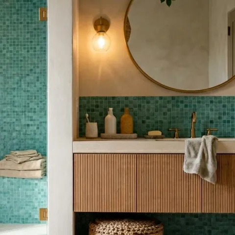 small potted plant on the vanity left side