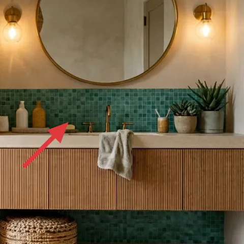 cylindrical glass and ceramic bottles on the vanity shelf