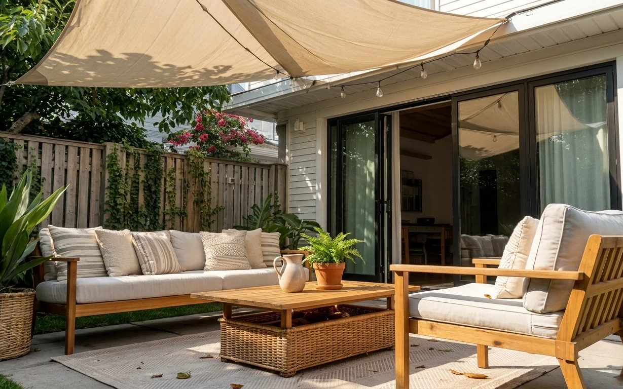 Sunlit patio seating area with cream cushions, light wood furniture, woven rug, string lights, and potted plants