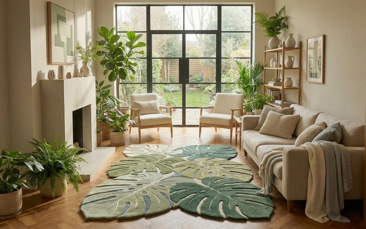 Cream sofa with beige throw and textured pillows over layered sage leaf rugs, potted plants, and framed art in a bright living room