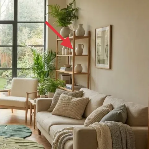 decorative tray with ceramics on shelving unit
