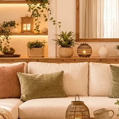 Illuminated wooden shelves within an arched alcove, displaying trailing green plants, small framed artwork, and books, all bathed in a warm glow.