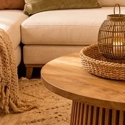 A close-up of a round wooden coffee table featuring a woven serving tray with a rattan lantern, ceramic mugs, and a small potted plant.