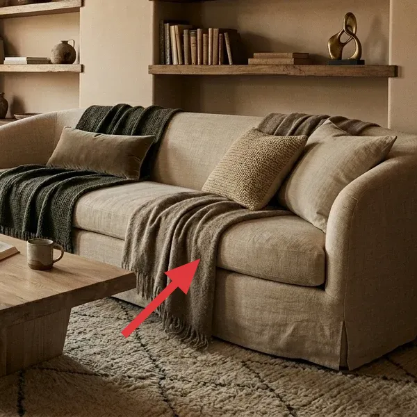 Close-up of a beige sofa with layered dark green knit and tan linen throws, and a velvet lumbar pillow, showcasing rich textures.