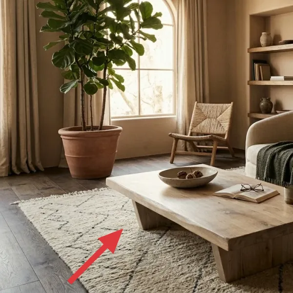 A cream-colored shag area rug with a subtle dark geometric pattern, grounding the living room space.