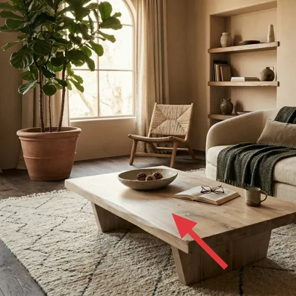 A rustic, light wood coffee table with a decorative bowl, an open book, and a mug on its surface.