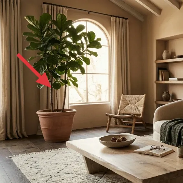 A tall, vibrant Fiddle Leaf Fig plant in a large terracotta pot, positioned by an arched window.