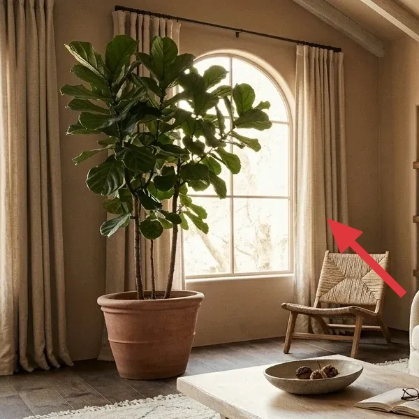 A natural linen curtain panel hanging from a tension rod, softening the light from an arched window.