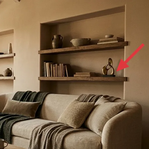 Built-in shelves on a warm neutral wall, styled with books, ceramic vases, and a small golden sculpture.