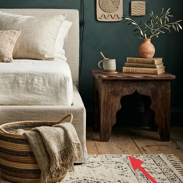 Section of a patterned area rug in cream and charcoal, with a pair of leather slippers resting on it.