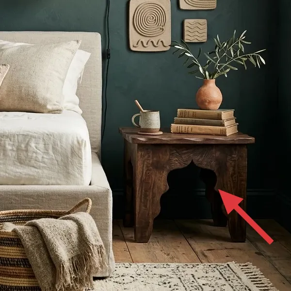 Rustic wooden bedside table with carved details, holding a terracotta vase with olive branches, a stack of old books, and a ceramic mug.