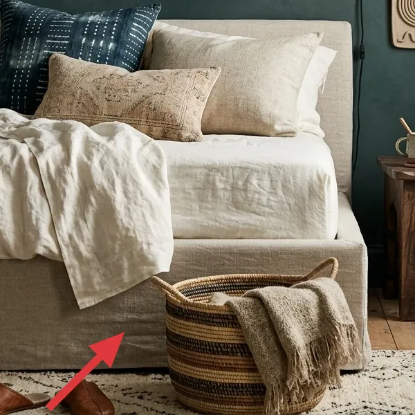 Large woven storage basket with natural and dark striped patterns, containing a folded beige throw blanket.