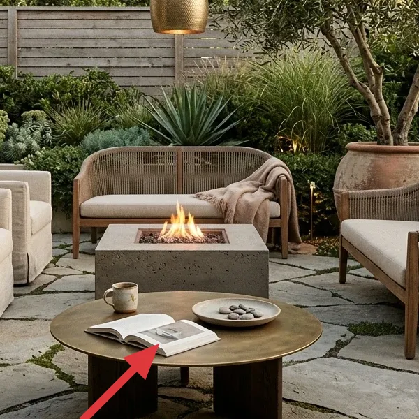 A round brass coffee table on a flagstone patio, styled with a book and a tray of stones, representing a small outdoor table.