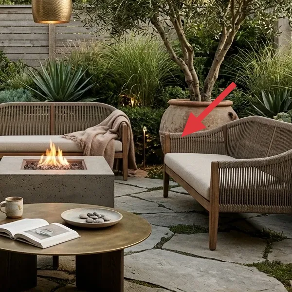 A light brown throw blanket draped over a woven outdoor sofa, representing a portable outdoor throw.
