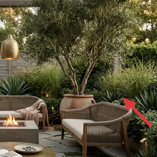 A large olive tree in a terracotta pot on an outdoor patio, representing a small potted herb or plant.