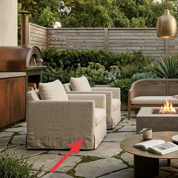 A flagstone patio floor with moss growing between the stones, representing a rollable outdoor area rug.
