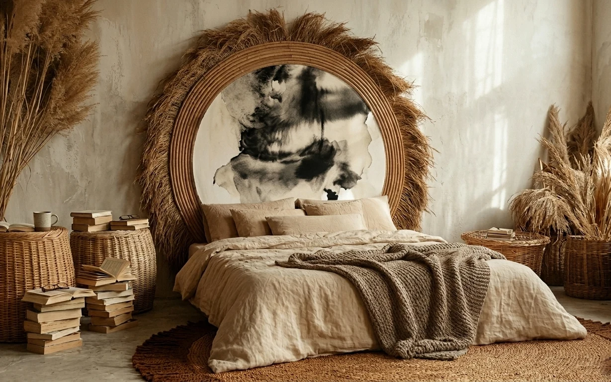 Boho bedroom with rattan arched headboard, framed black-and-white art, cream duvet, knit throw, braided rug, and pampas grass