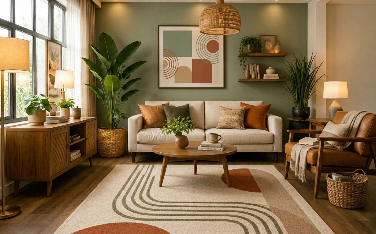 Earthy living room with cream sofa, patterned rug, warm lamps, plants, and framed abstract art on a green wall