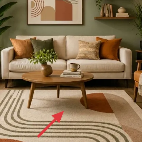 area rug (beige base with green and terracotta stripes)