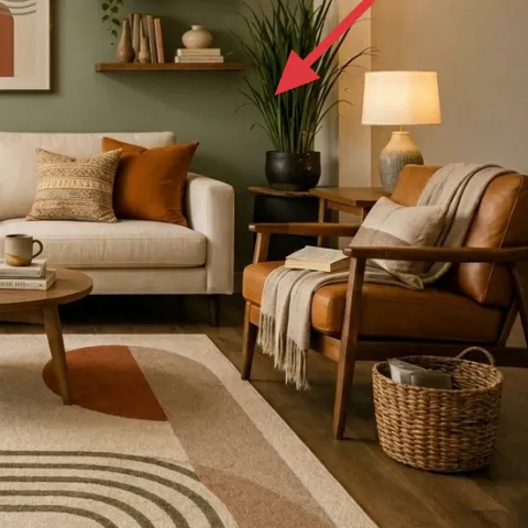 large potted leafy plant (tall, black pot by sofa right)