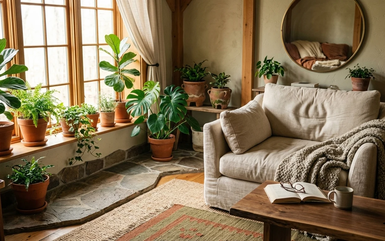 Cream linen sofa with oatmeal knit throw, patterned jute rug, round mirror, and grouped terra-cotta indoor plants by a sunny window