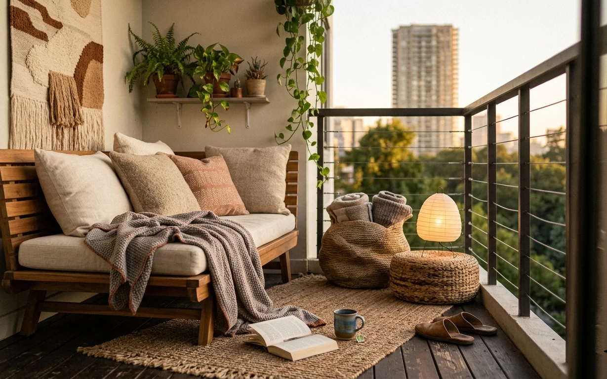 Boho balcony seating nook with woven rug, slatted bench, layered pillows, fringed wall hanging, plants, and a warm lamp