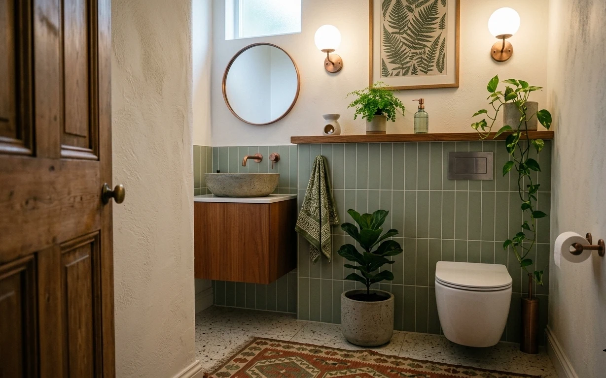 Bathroom vanity nook with sage grid tile, round mirror, framed botanical print, towel, two potted plants, and a tile floor rug
