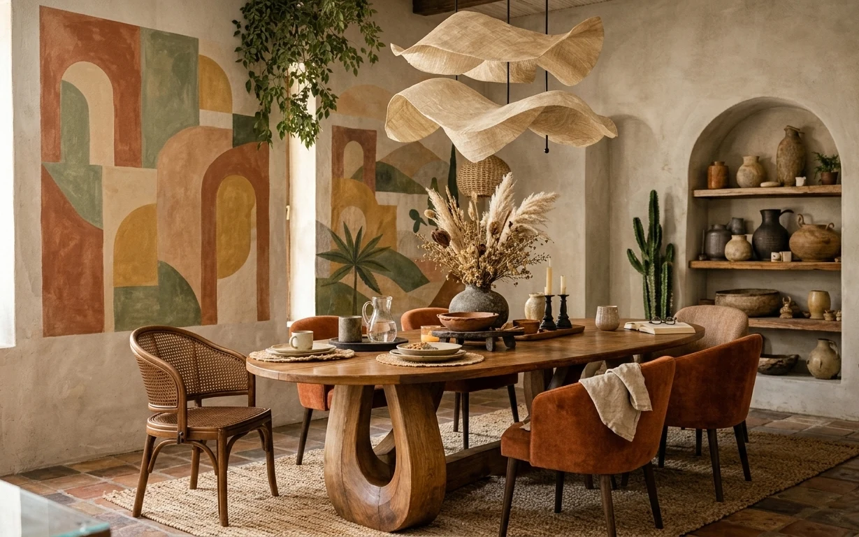 Earthy boho dining corner with wooden table, patterned rug, framed abstract art, candles, dried florals, and ceramics on shelves