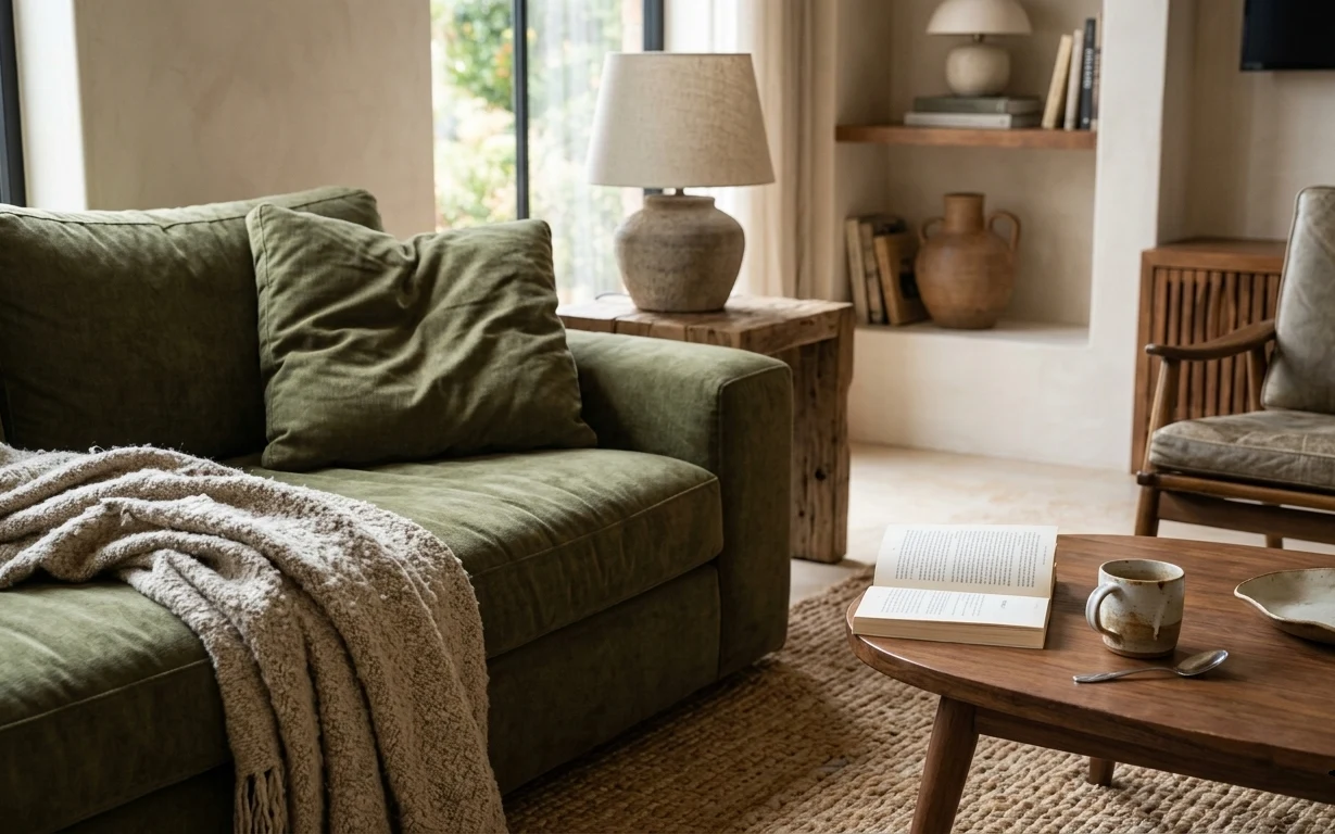 Olive green sofa with textured throw, woven rug, warm wood coffee table with books and ceramics, and a beige-shaded lamp