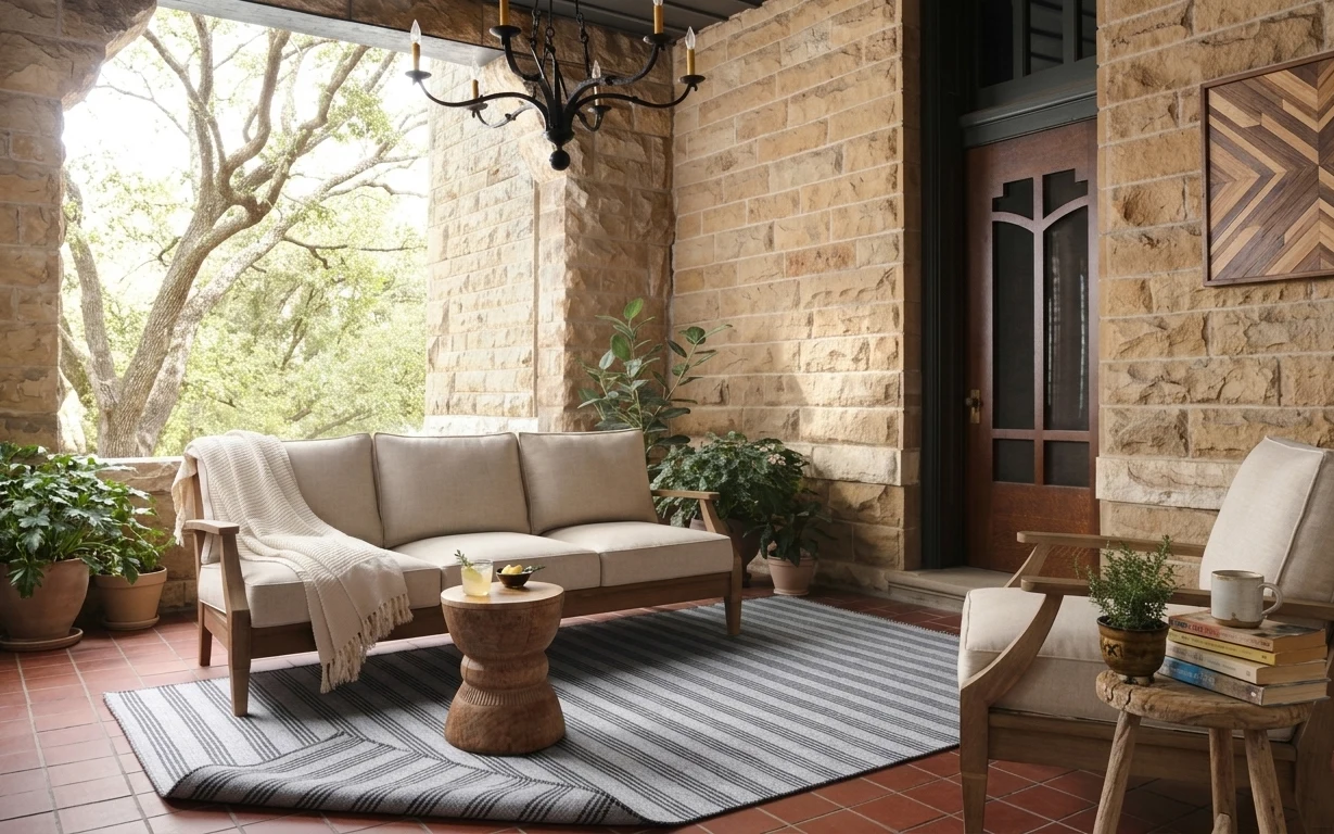 Cream outdoor sofa and armchairs on striped rug with black chandelier, terracotta planters, and framed geometric wall art
