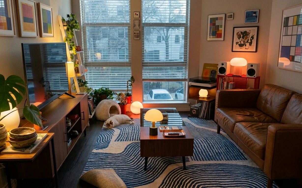 Living room seating area with striped rug, leather sofa, plug-in table lamps, framed art, and potted monstera plant by windows