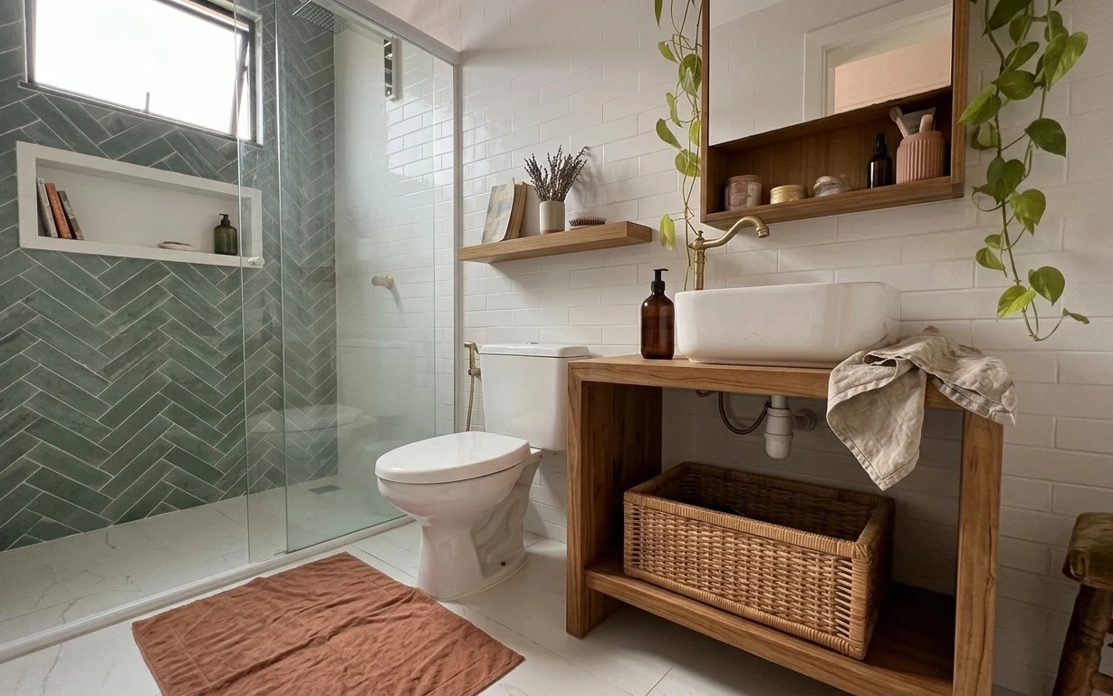 Bright bathroom with green mosaic shower, white tile walls, wood vanity with wicker basket, and wood-framed mirror