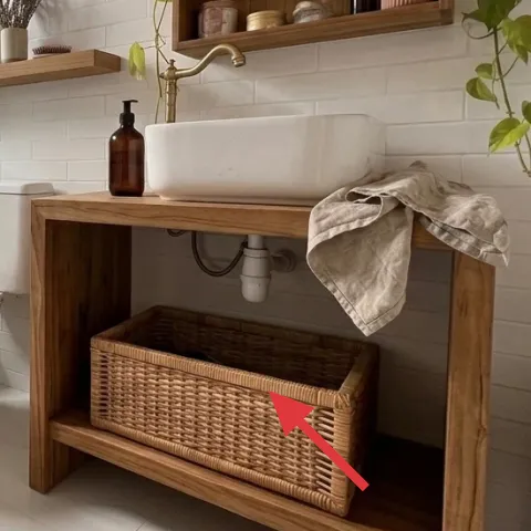 Wicker basket on vanity shelf