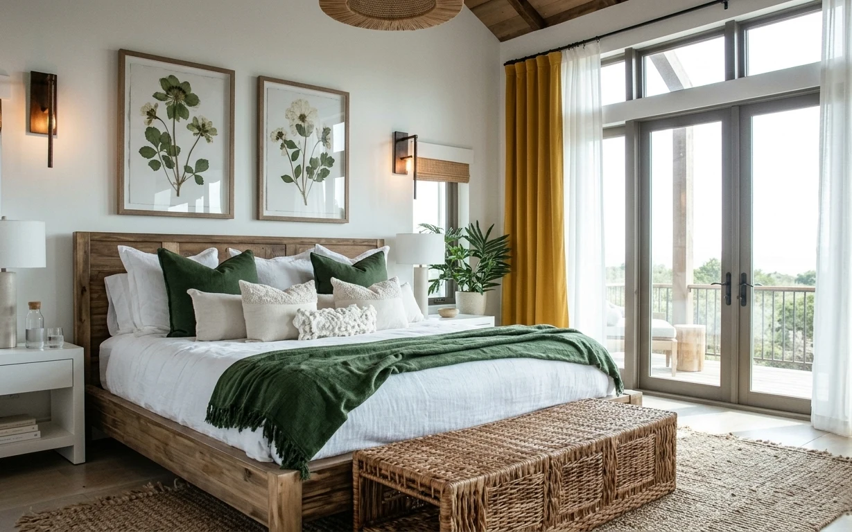 Modern bedroom with warm wood bed, mustard curtains, deep green throw pillows, botanical framed art, and woven rug