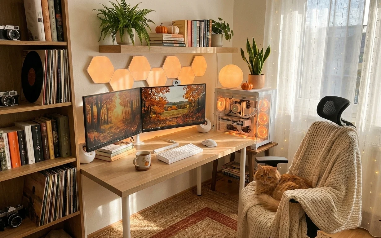 Warm home office corner with desk, monitors, bookshelf, hexagon wall shelf, terracotta plants, rug, sheer curtains, and string lights