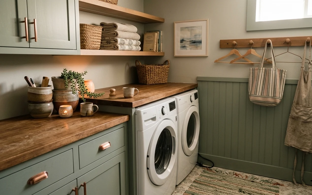 Laundry nook with sage paneled walls, wood shelves and counter, stacked ceramics, hanging towels, and a patterned rug.