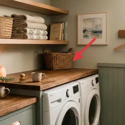 woven basket on shelf