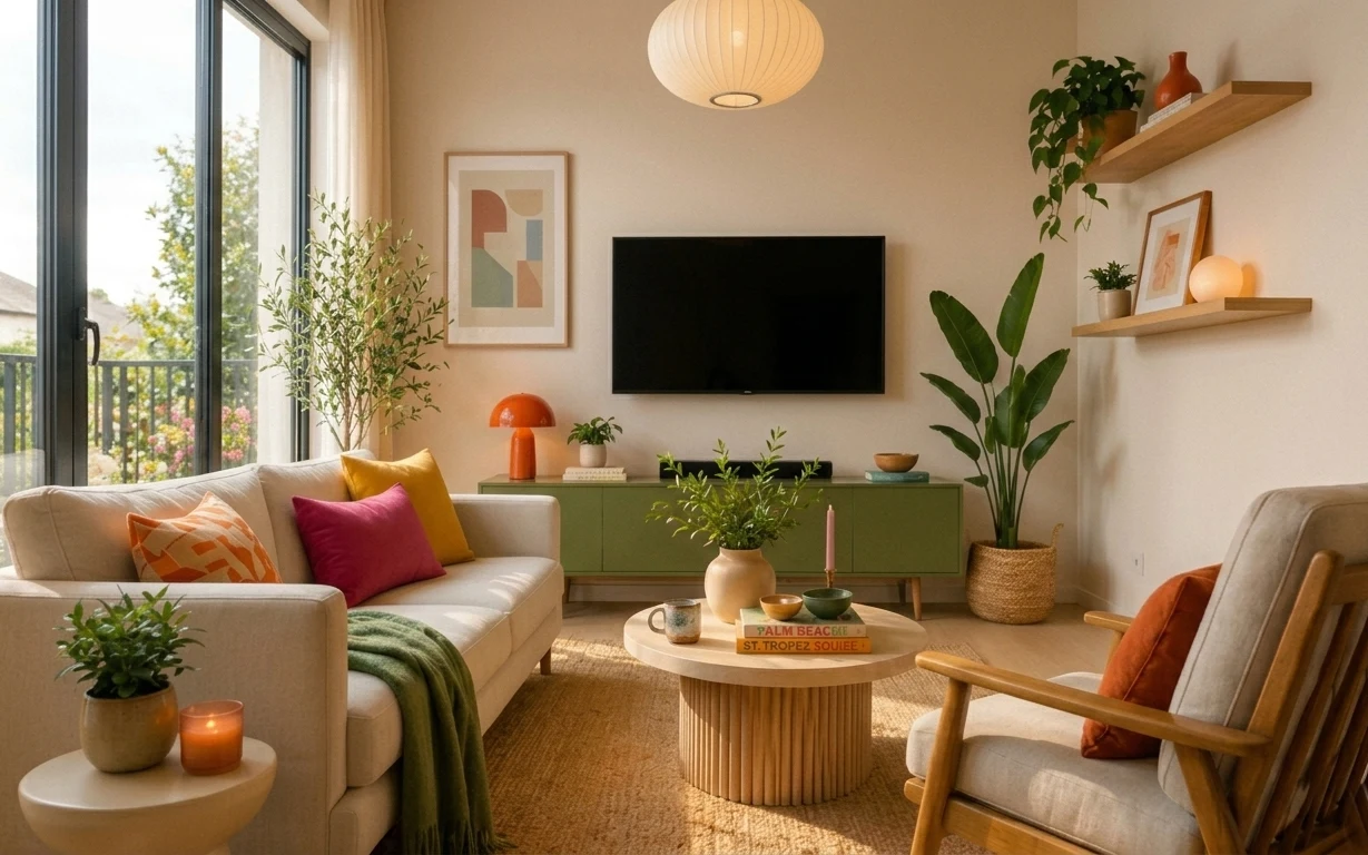 Japandi-style living room with cream sofa, jute-look rug, sheer curtains, and terracotta candle on a coffee table