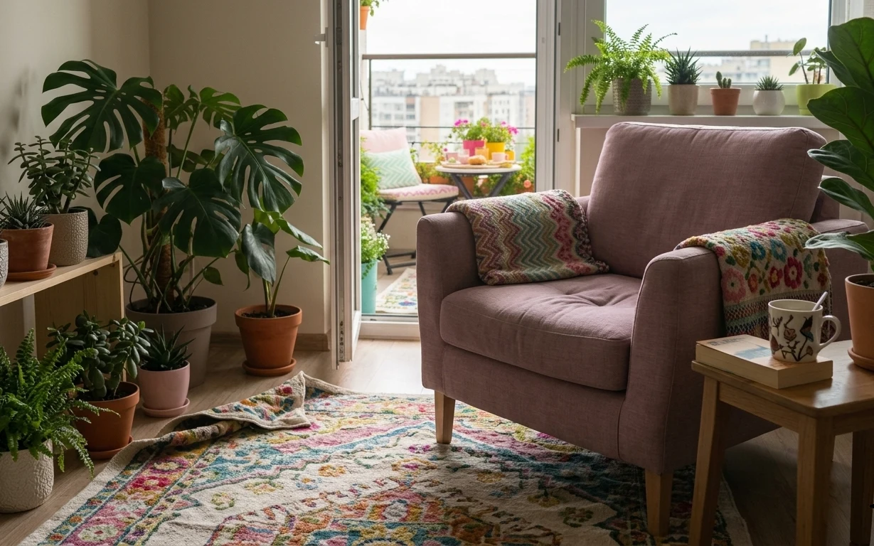 Renter-friendly living room seating area with patterned rug, throw, colorful pillow, and layered potted plants by the balcony door.
