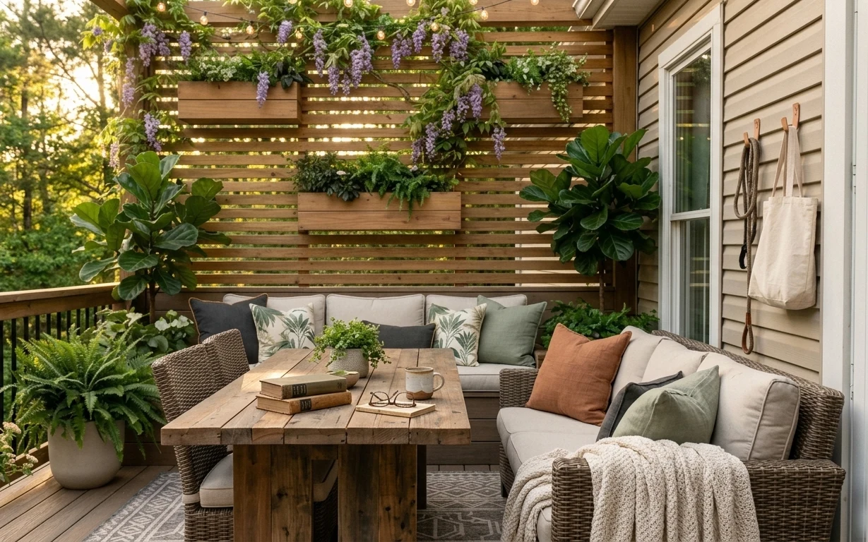 Boho patio lounge corner with woven sofa, rug, coffee table, string lights, and lush potted plants on a deck