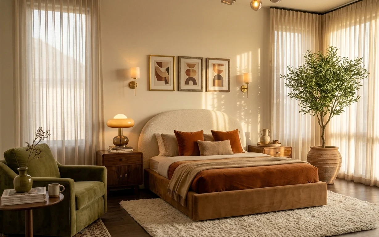 Warm bedroom bed nook with cream shag rug, sheer curtains, framed abstract prints, table lamps, and a tall potted plant