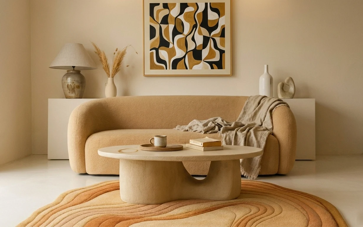 Warm living room with a beige sofa, round cream coffee table, ochre striped rug, framed abstract art, and beige table lamp