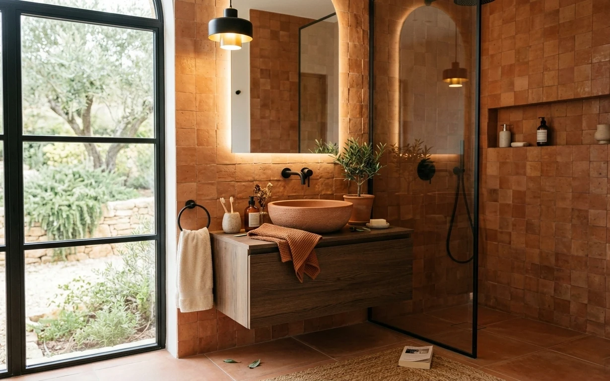 Warm terracotta tiled bathroom with black pendant light, black-framed mirror, vanity sink, folded towels, and a small plant on the counter
